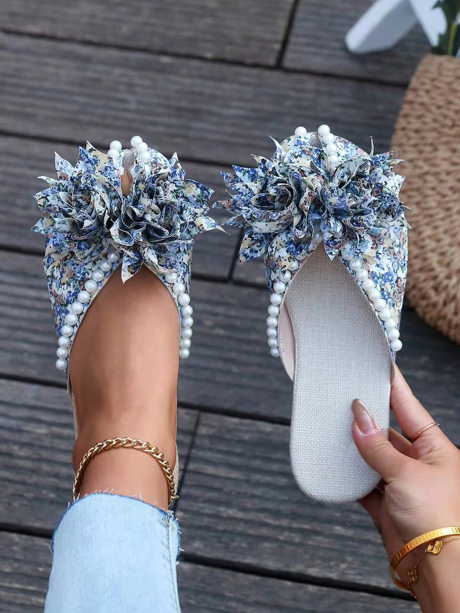 Women's Printed Faux Pearl Decorated Flat Slippers, Floral Decor, Lightweight And Comfortable For Indoor And Outdoor Wear, Available In Light Blue, Maroon, Black, Gold Colors, Fashionable Casual And Elegant Sandals